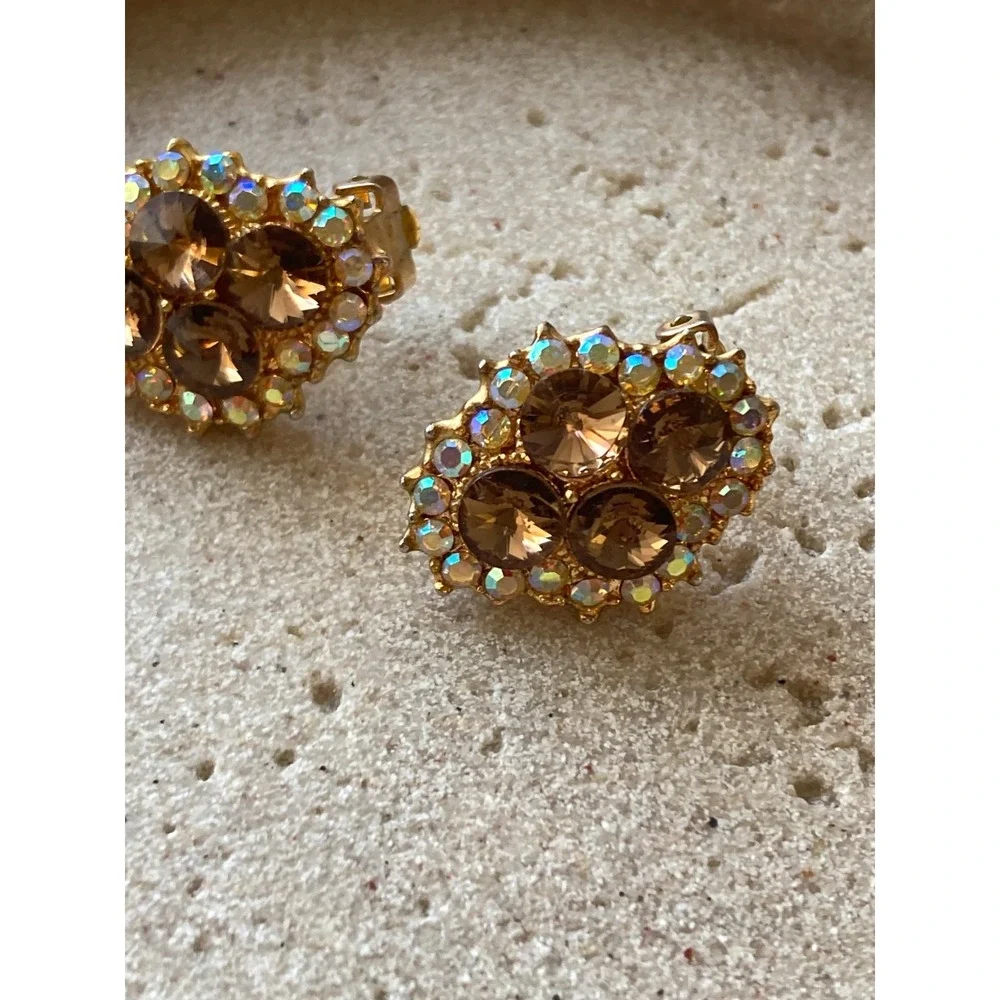 Vintage Clip On Earrings AB Halo Gold Tone Smoky Brown Rhinestone Romantic Glam